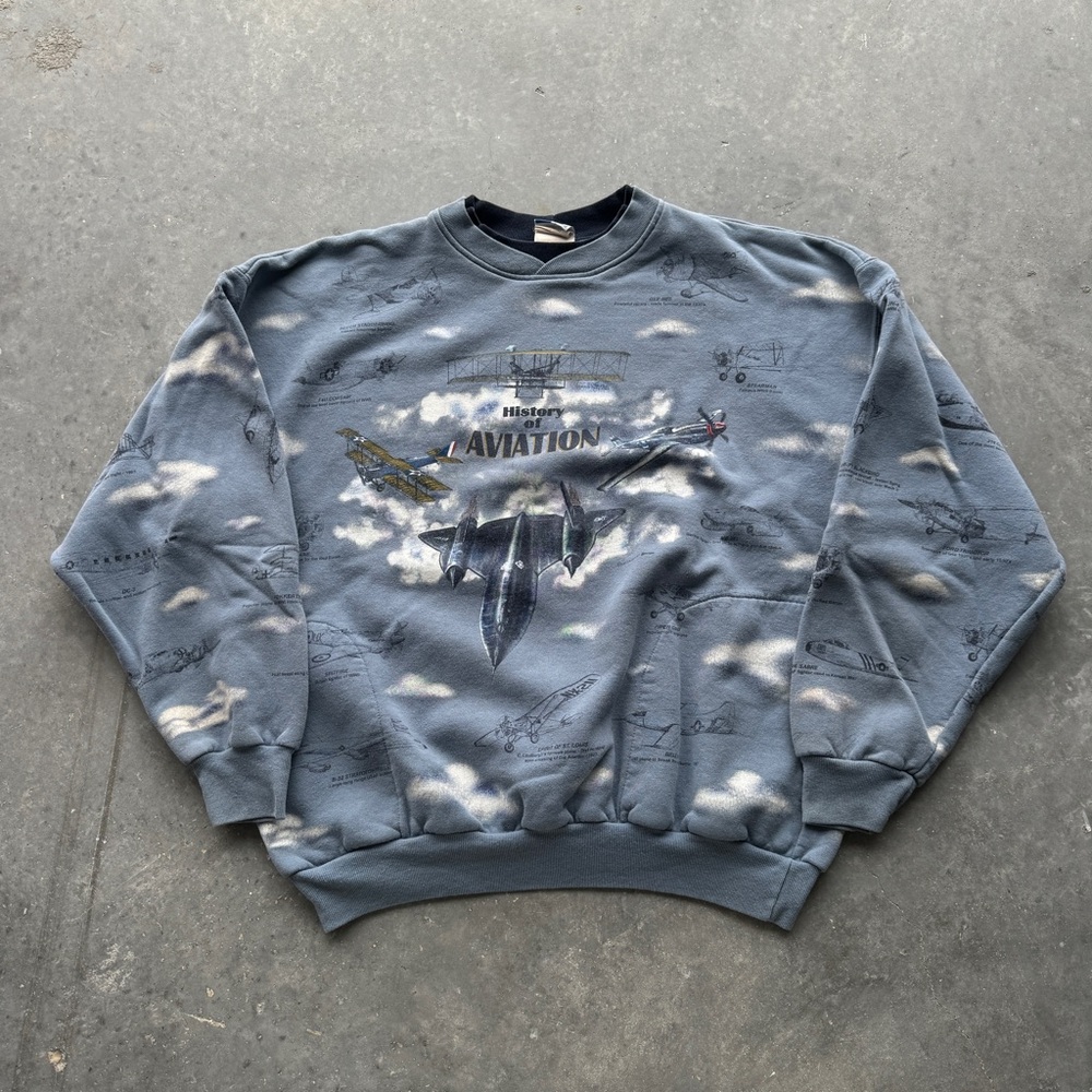 Vintage All Over Print Aviation Sweatshirt XL 90s USA Made Planes Blue Pullover